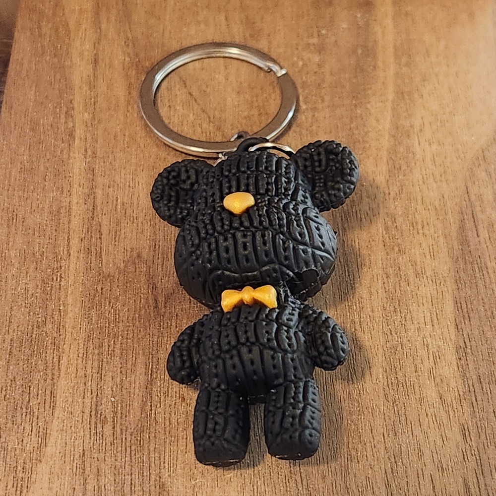 Black Textured Teddy Bear Keychain Yellow Bow Tie Heart Nose Bag Charm Accessory